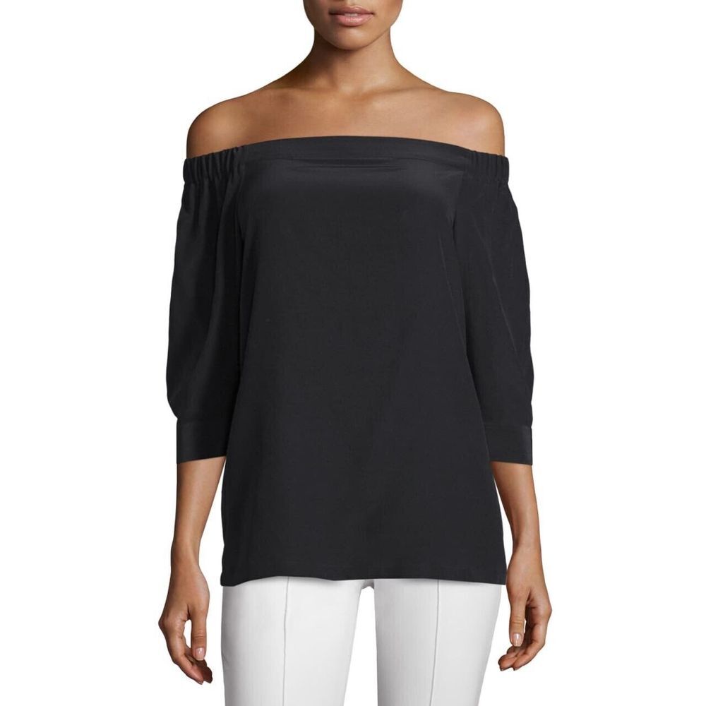 Theory Silk Off-Shoulder Joscla Blouse Top Sz S‎ Puff Sleeve Black Chiffon